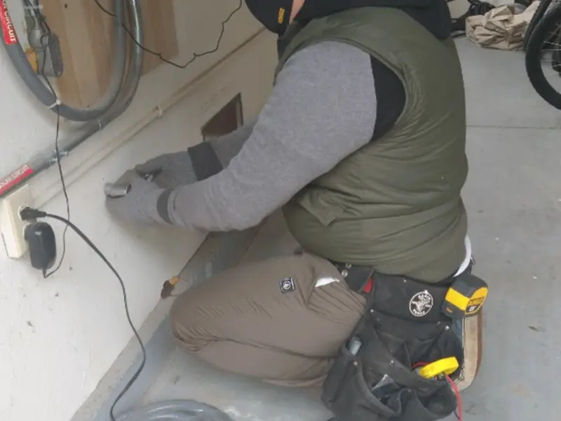 Electrician performing outlet wiring in a Smithton garage